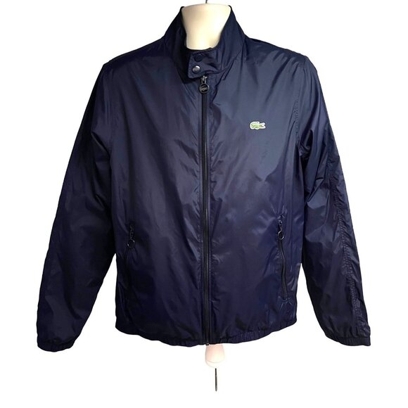 Lacoste Mens Vintage Navy Blue Zip Up Lined Windbreaker Jacket Large Zip Pockets - Picture 1 of 10